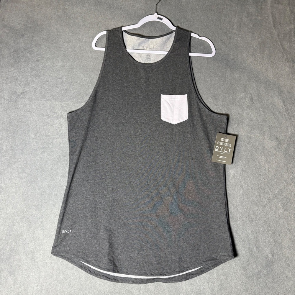 BYLT Basics Mens XXL Drop Cut Pocket Tank Lux Charcoal Grey White NWT Athletic